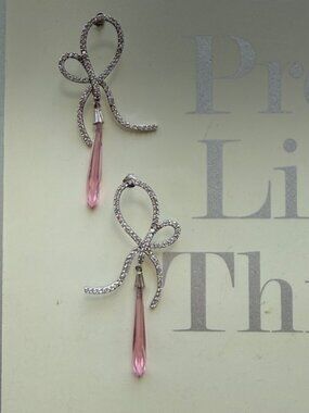 Bow Silver and Pink Earrings - Cubic Zirconia